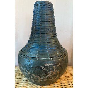Vintage Art Pottery And Wicker Decor Vase Blue Weathered Rustic
